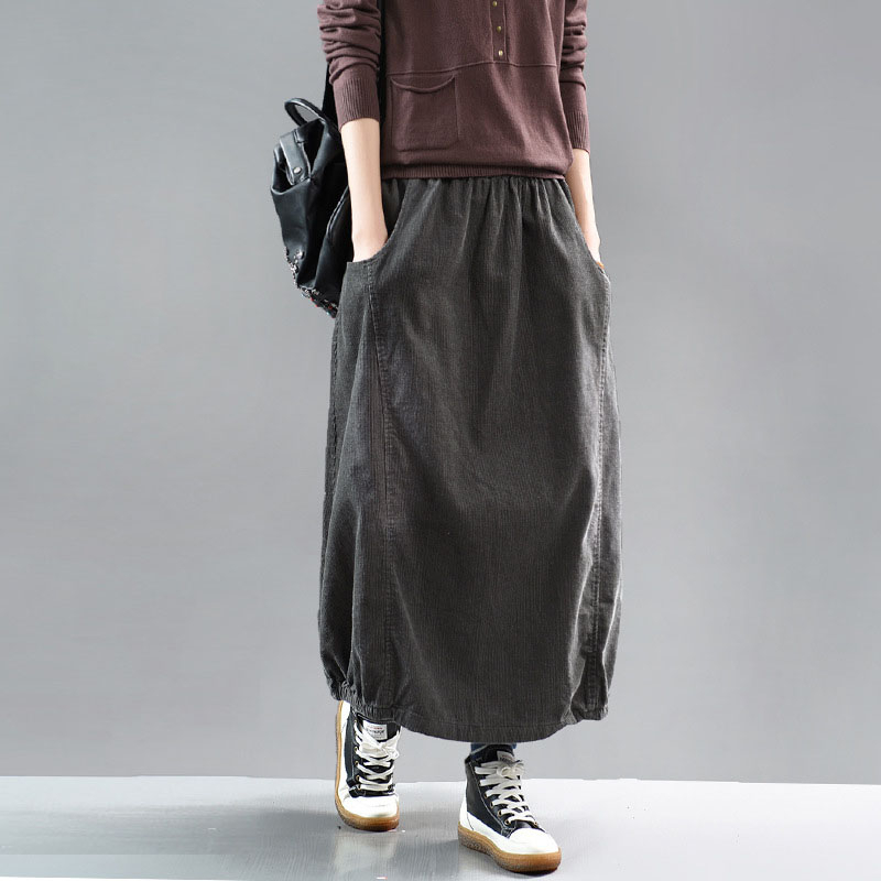 NINI WONDERLAND Spring Cotton Corduroy Skirt Women Solid Vintage Midi Skirts 2020 Female Elastic Waist Brief Bud Skirt Big Size-image-550298006