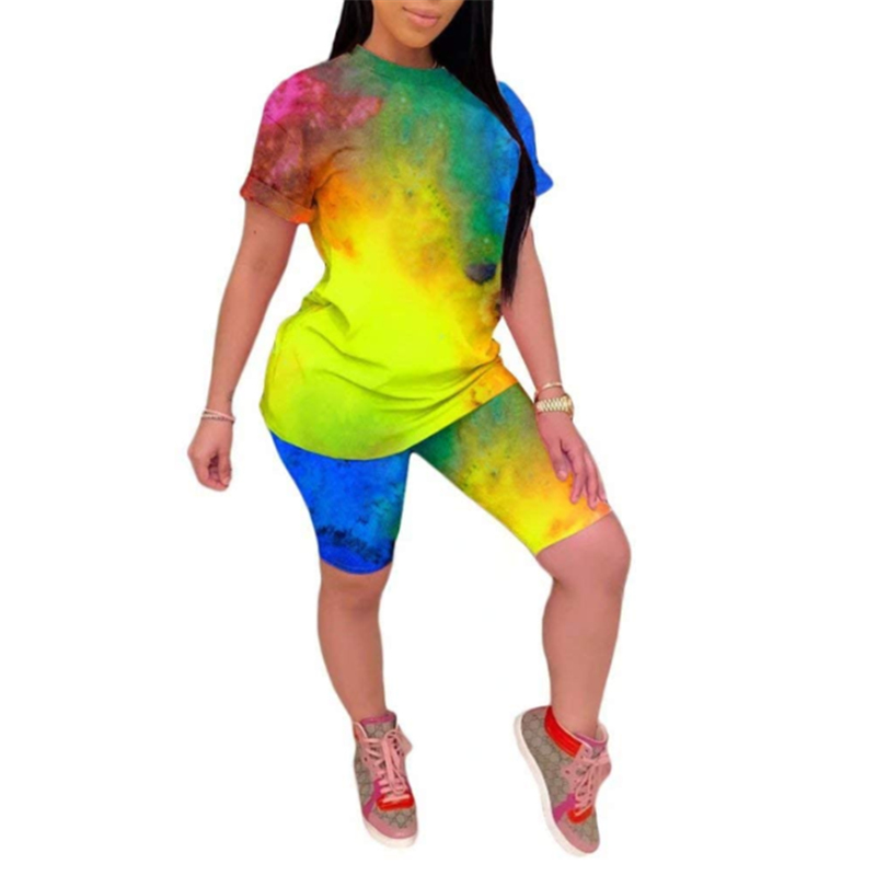 

Women 2020 New Starry sky Print Short Sleeve Yoga Set Indoor Sport Suit Gym Fitness Crop Top Shirt High Waist Sportswear