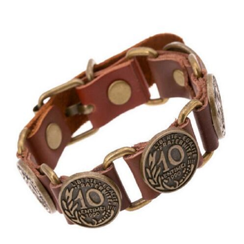 

Vintage Ethnic Design Men's Bracelet Leather Metal Chain Adjustable Cuff Bracelets Old Coin Rivets 100% Genuine Leather Bracelet