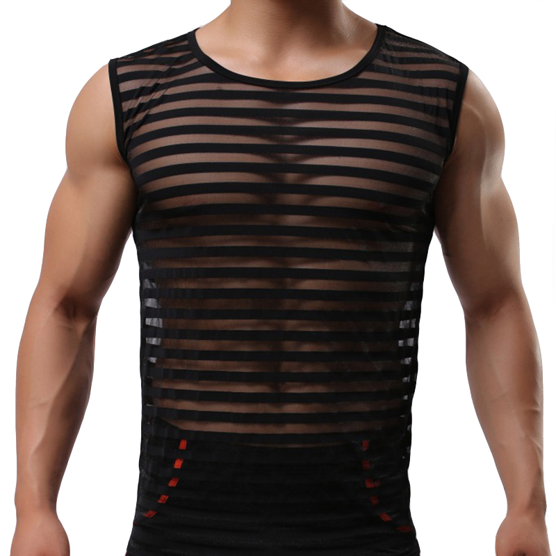 

Tank top men sports wear men bodybuilding transparent striped fitness underwear musculation ropa hombre mens vest sleeveless, Black