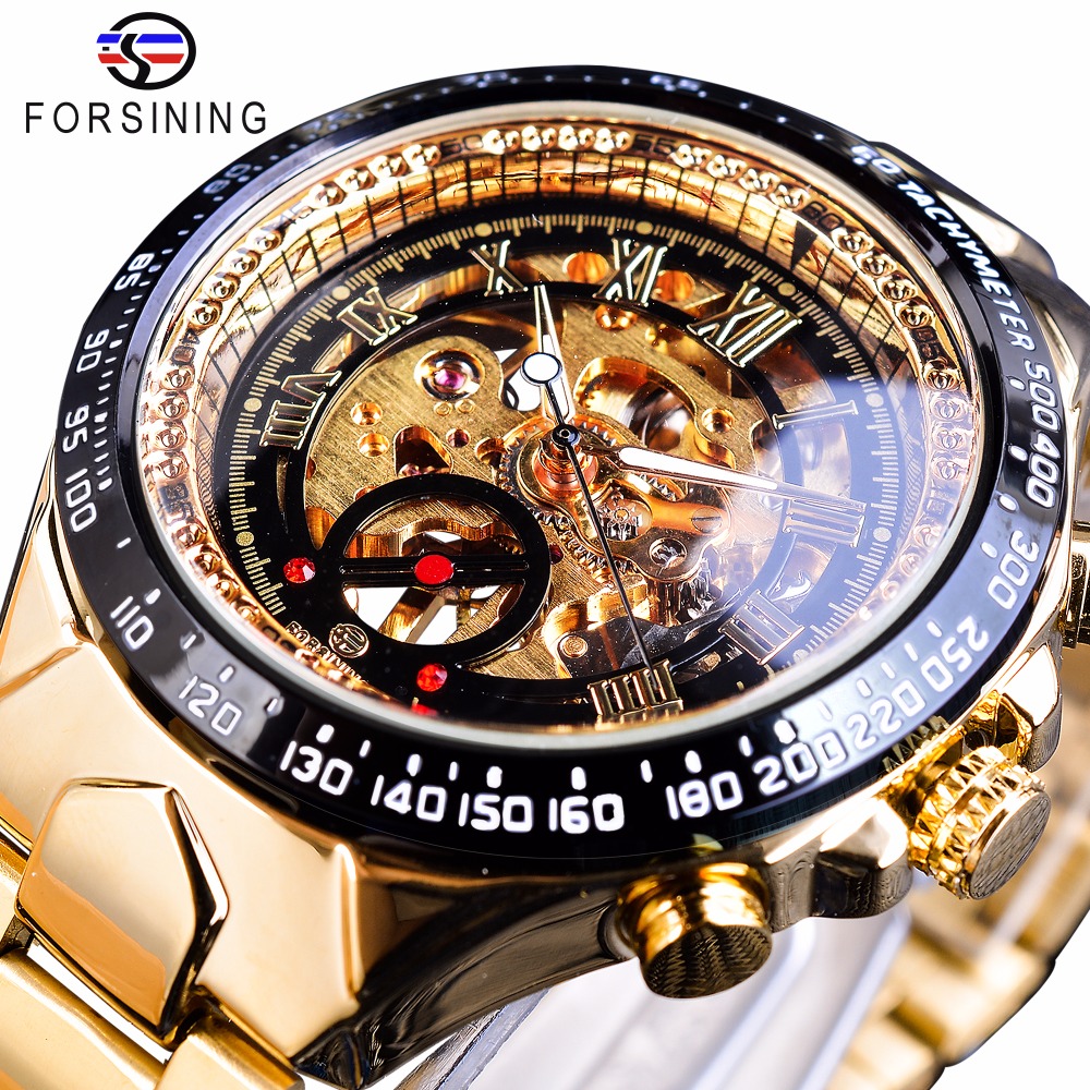 

cwp Forsining watches Stainless Steel Classic Series Transparent Golden Movement Steampunk Men Mechanical Skeleton Top Brand Luxury, Black