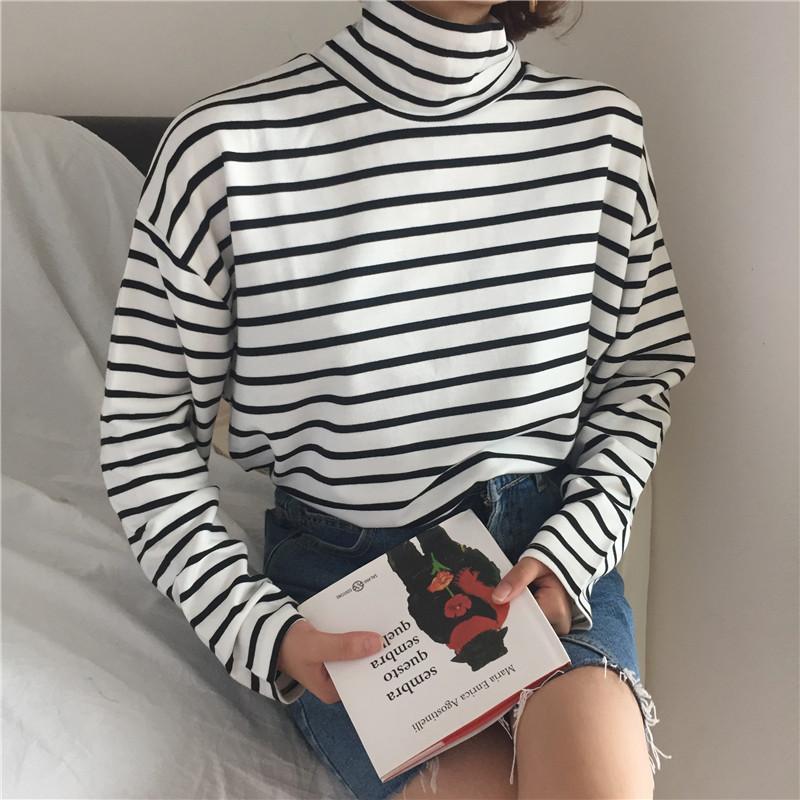 Rayé T Shirt Femmes Col Roulé À Manches Longues Vintage Pulls Lâche Harajuku drôle Mignon Mode Hip Hop Strip Tops