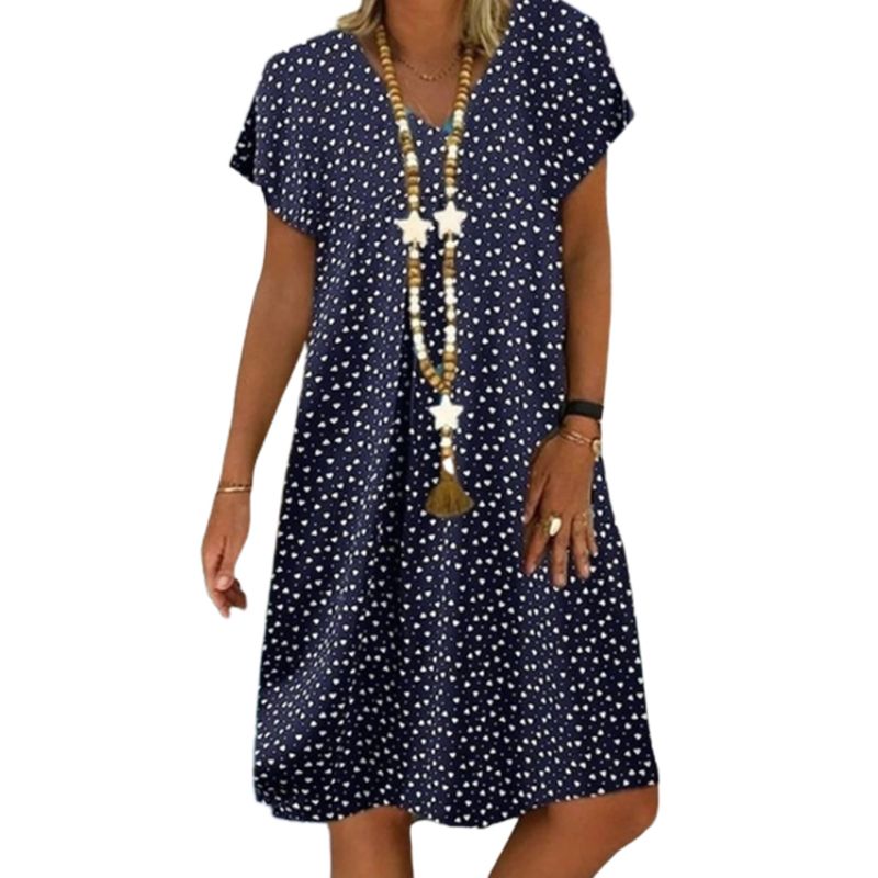 

Women Summer Short Sleeve V-Neck Loose Midi Dress Heart Printed Sundress -5XL X5XA