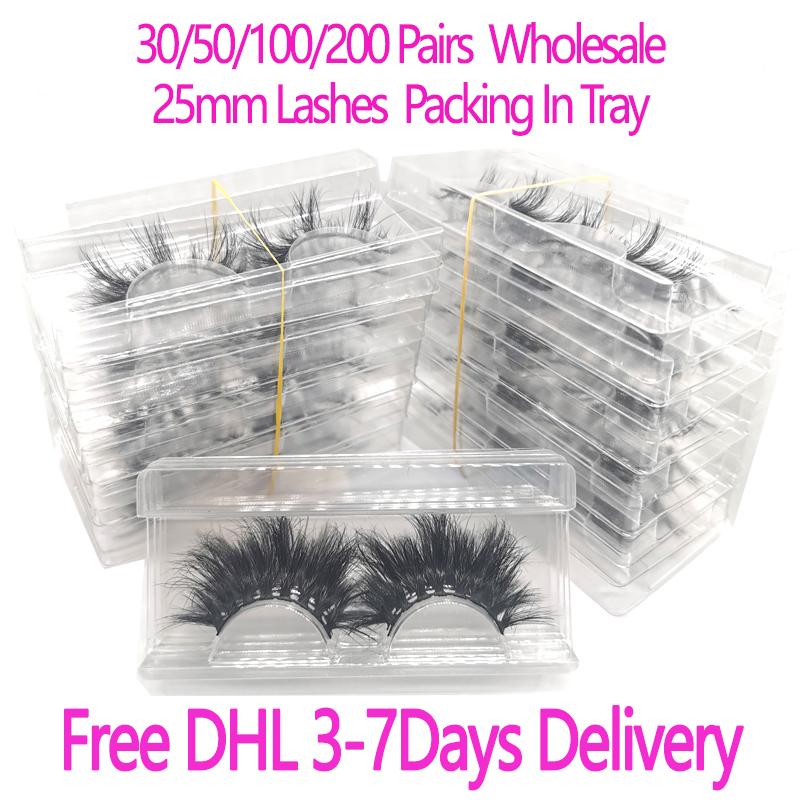 

30/50/100/200Pairs Wholesale 25mm 3D Mink Eyelashes 5D Mink Lashes Packing In Tray Label Makeup Dramatic Long Mink Lashes