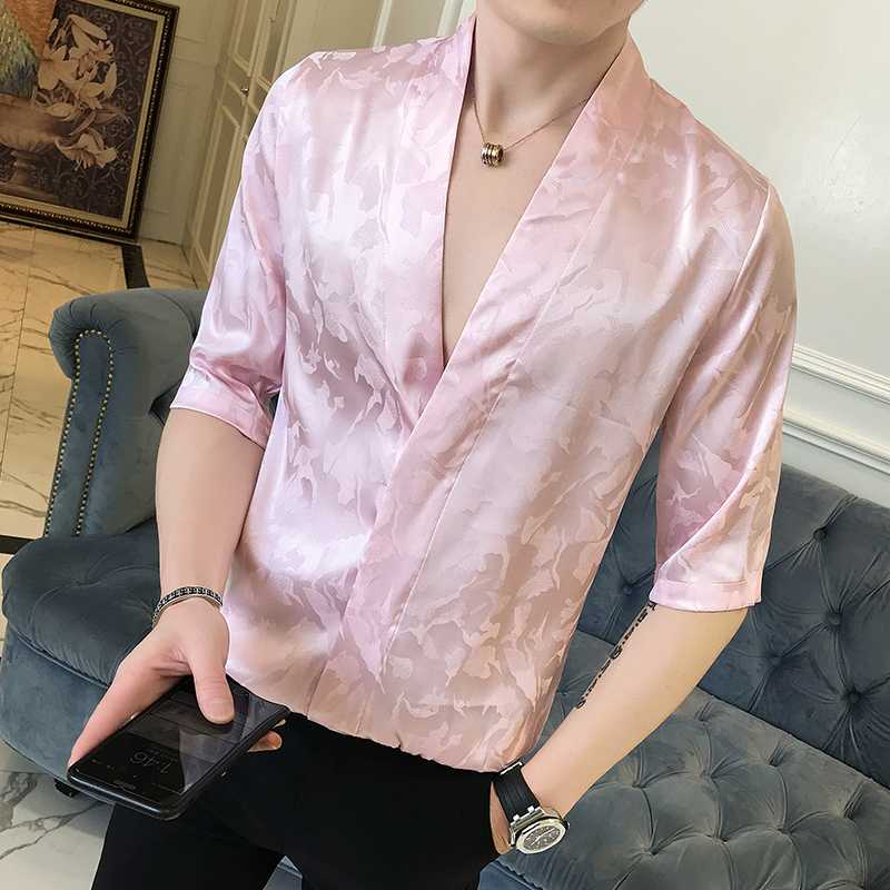 

Pink Shirts Mens Silk Shirts Luxury Camisa Social Masculina Slim Fit Satin Black Mens Fashion 2018 Japanese Summer