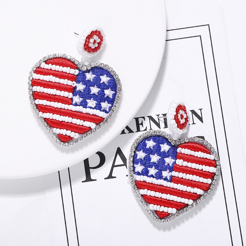 

Wholesale-luxury designer exaggerated lovely cute colorful beaded America USA flag heart pendant stud earrings for women girls