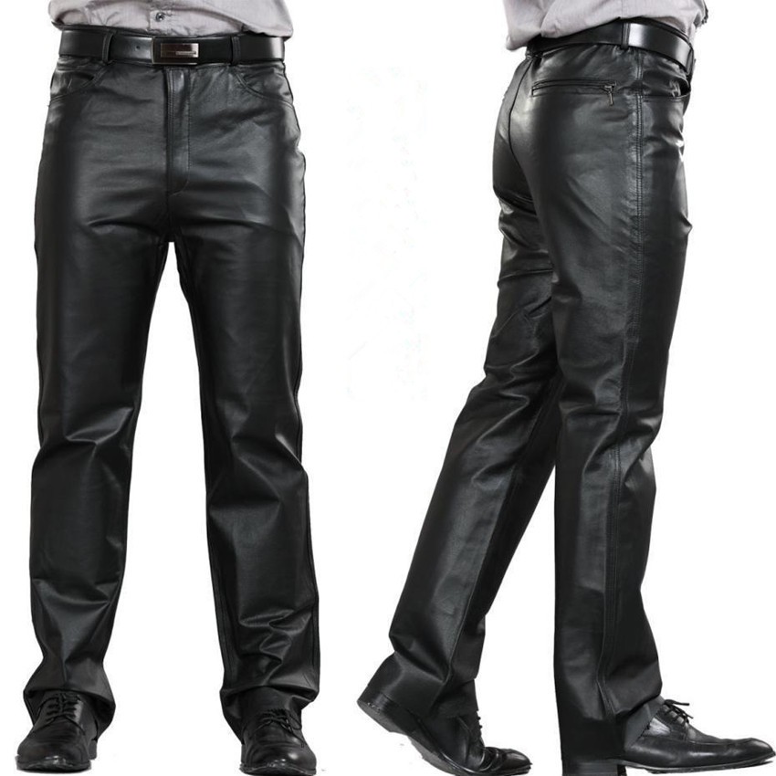 

7xl Plus Size Fashion Leather Pants Motorcycle Pant Men Straight Full Length Men's Flat Zipper Regular, White