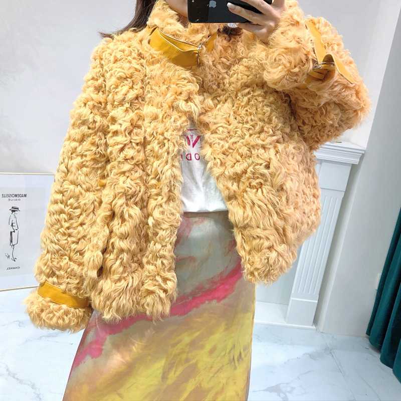

Real Fur Women Coats 2020 Winter Fashion Natural Lamb Fur Outwear Karakul Sheep Warm And Thick, Yellow