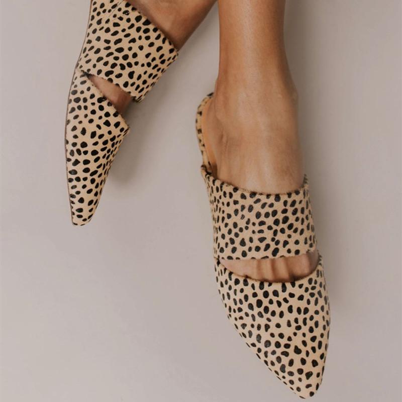

Leopard Flat Mule Slipper Slides Holiday Sandles Pointed Toe Summer Ladies Shoe Women Slingback Serpentine Outside, Black