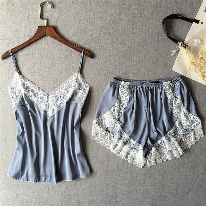 

2019 Summer Women Satin Lace Short Pajama Sets Sleepwear Babydoll Lingerie Nightwear Shorts Pjs Pyjamas Set Lady Pyjamas Femme, Blue