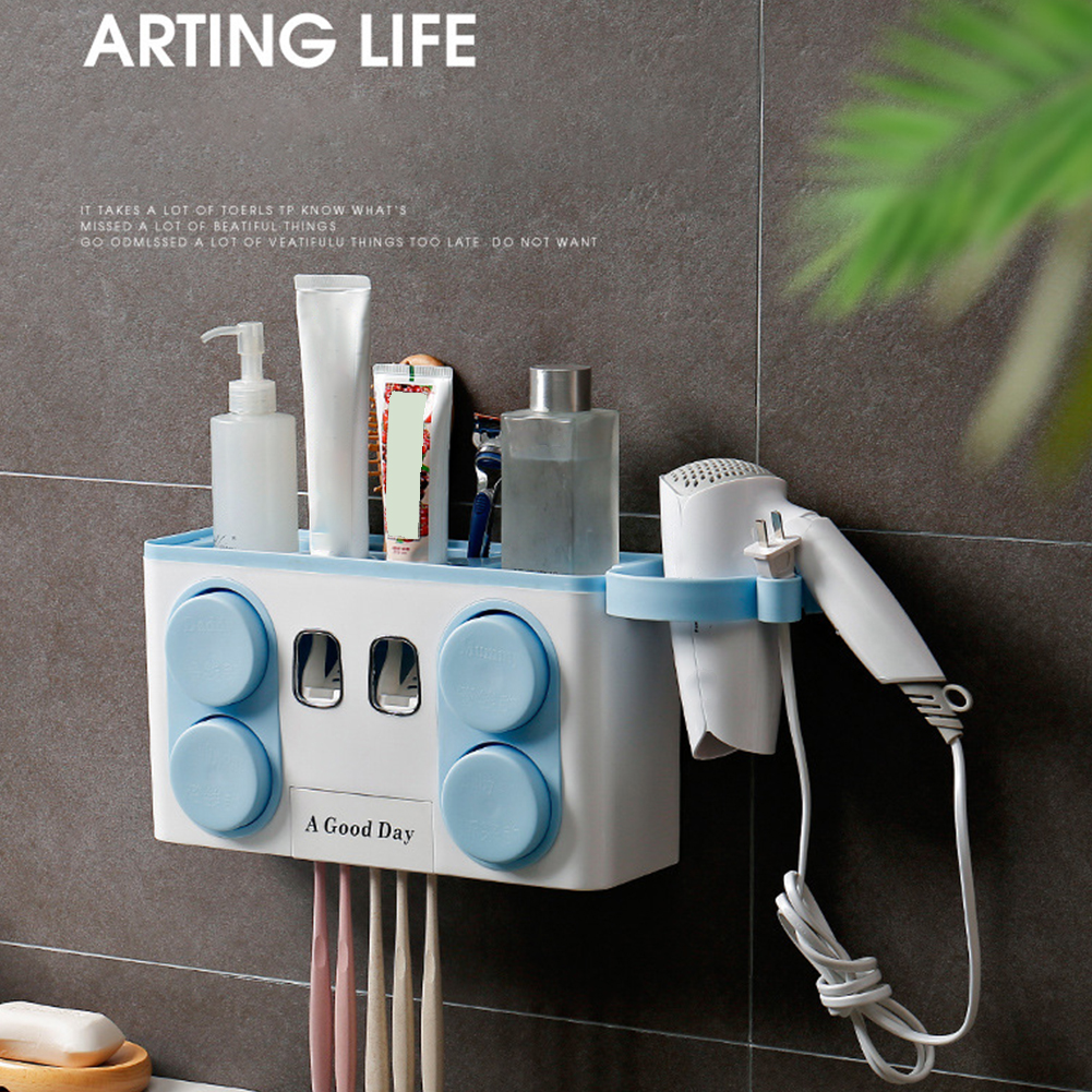 

Toothpaste Dispenser Dust-Proof Toothbrush Holder With Cups No Nail Wall Mount Stand Shelf Bathroom Organizer Set
