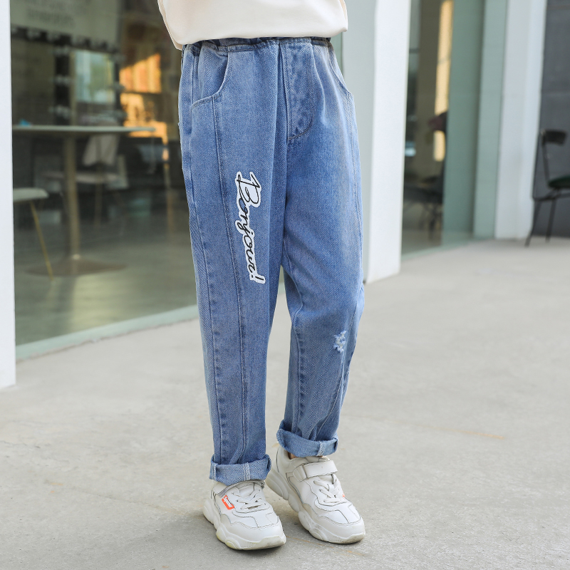 

Girls Jeans 3-13 Years Old Elastic Waist Casual Pants New Fashion Print Spring and Autumn Kids Trousers Children's Clothes, Sky blue