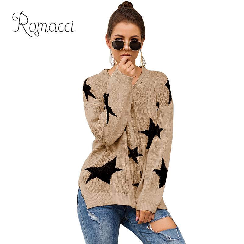 

Women Sweater Contrast Five-Pointed Star V Neck Dropped Shoulder Long Sleeve Loose Women' Winter Sweaters Cozy Pullover Women, Black