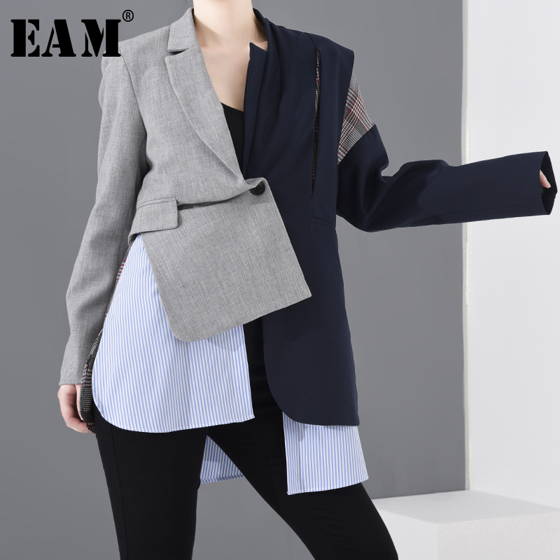 

[EAM] Women Blue Plaid Asymmetrical Big Size Blazer New Lapel Long Sleeve Loose Fit Jacket Fashion Spring Autumn 2020 1N90102, As shown
