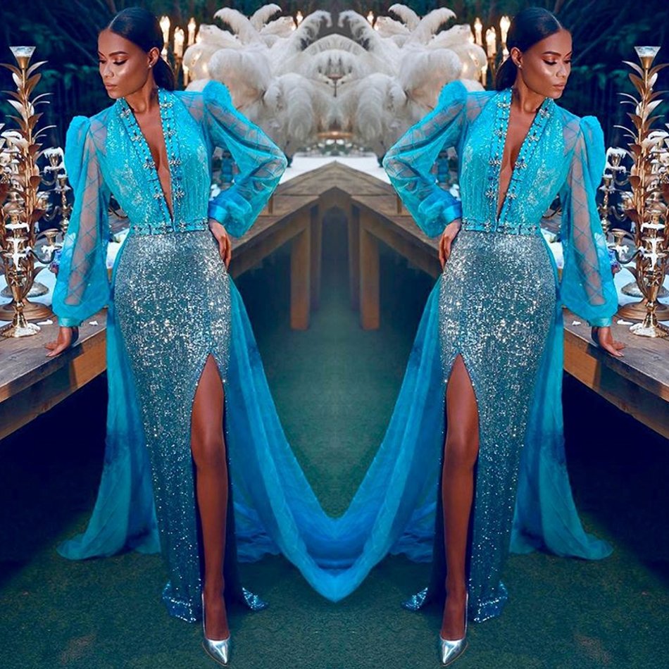 

Split Mermaid Prom Dresses Deep V Neck Poet Long Sleeve Beads Sequins Tulle Party Gowns Sweep Train Special Occasion Dresses, Silver