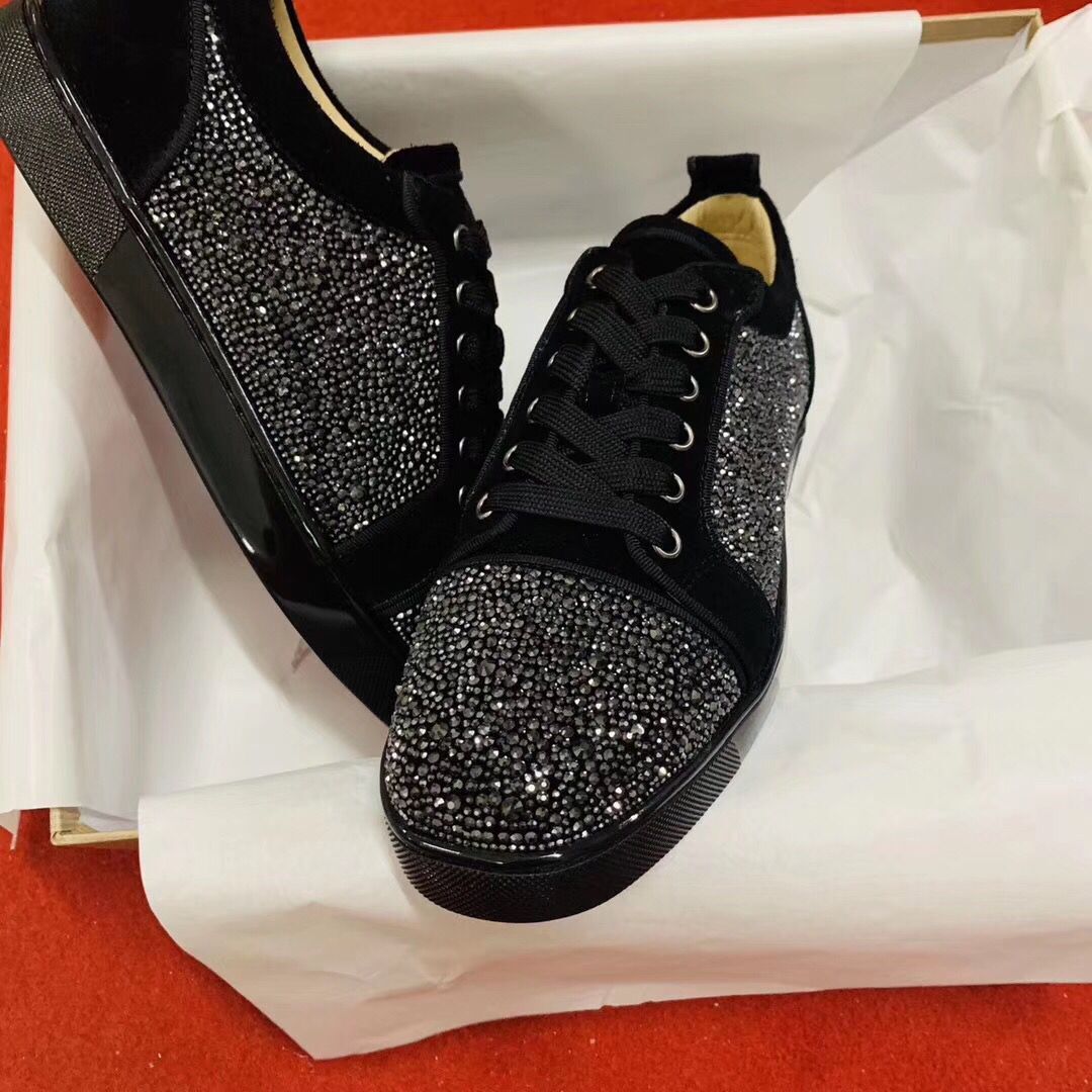 

Elegant Crystal Low Top Red Bottom Strass Sneakers Women,Men Casual Walking Cheap Couple Dress Wedding Leisure Flats EU 35-47, Black