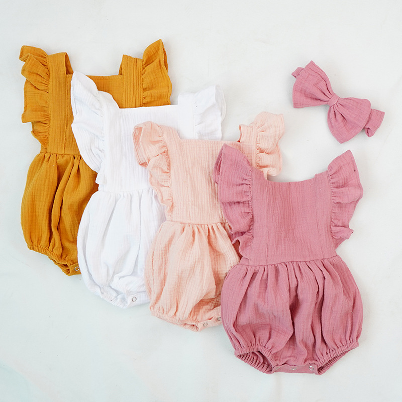 Été nouveau-né bébé filles barboteuse + bandeau lin coton mousseline vêtements