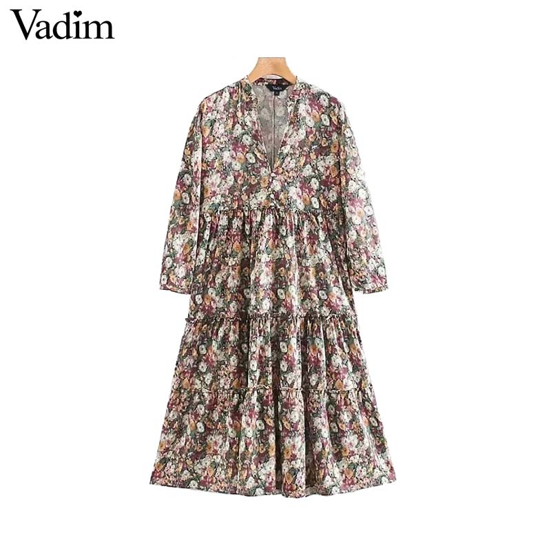 

Vadim women vintage floral print midi dress straight style long sleeve pleated female stylish retro dresses vestidos QC968, As picture