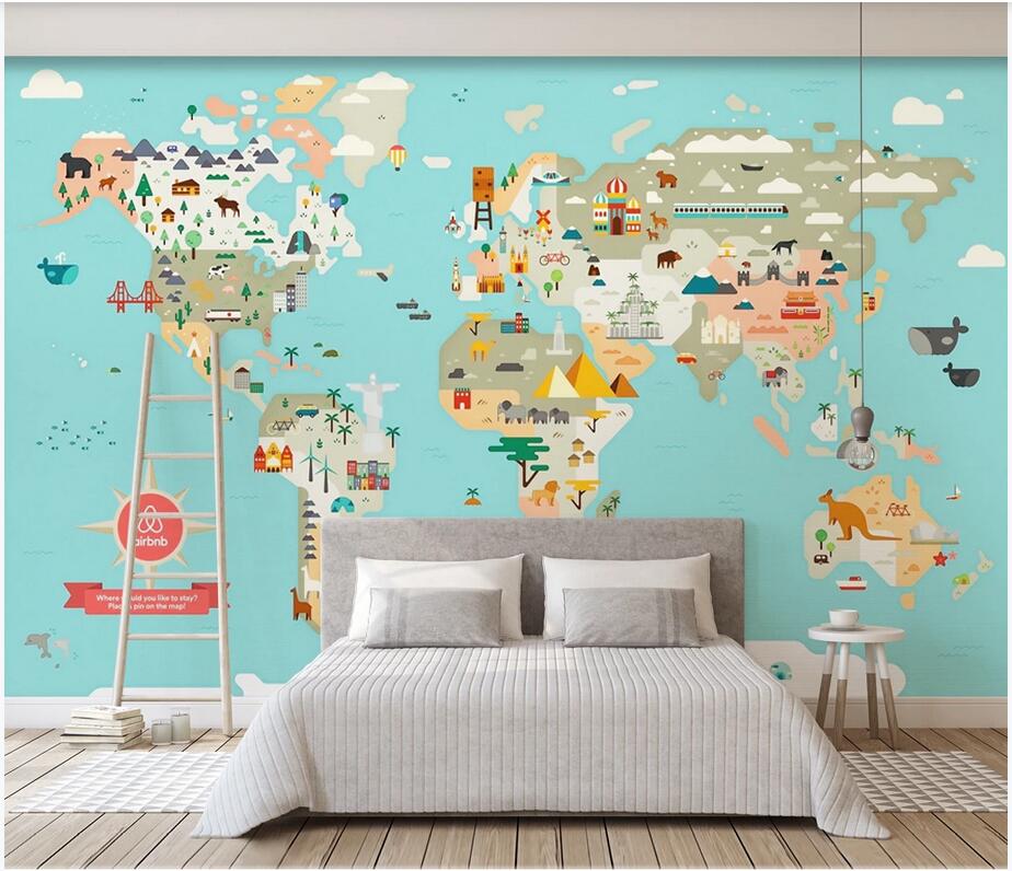 

3d wallpaper wall decor custom photo Modern fashion hand drawn world animal map cartoon animal background household wall art canvas pictures, Non-woven wallpaper