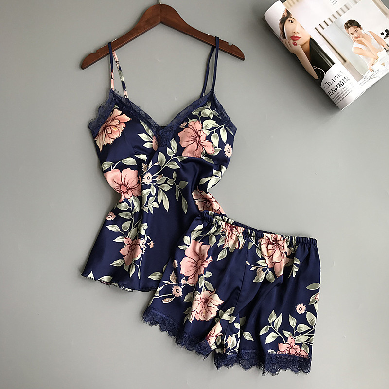 

QWEEK Sleep Lounge Pajama Set Sexy Satin Sleepwear Women Summer Pyjama Femme Fashion Flower Pajamas for Women with Chest Pad, Black