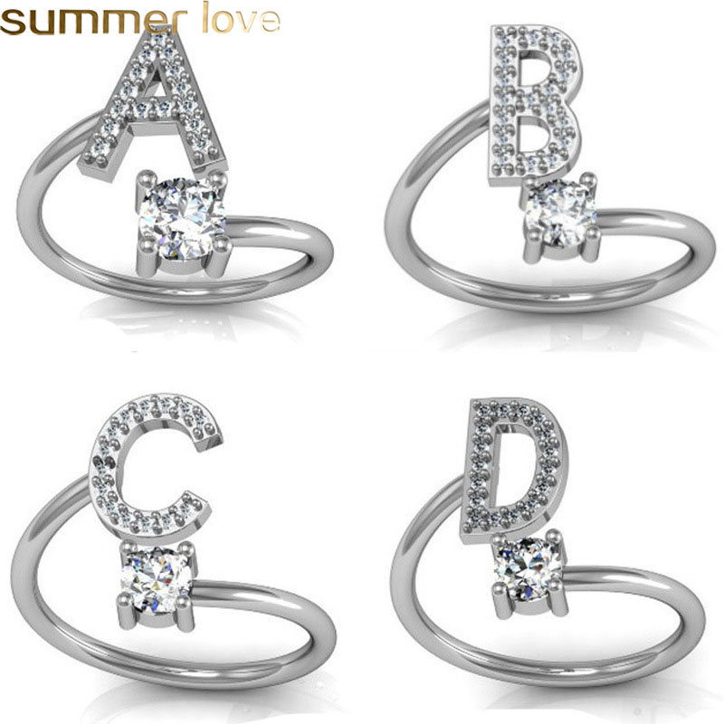 

Fashion 26 Letters Silver Ring For Women Rhinestone Open Finger Rings for Women Engagement Ring Jewelry Party Valentine's Day Gift