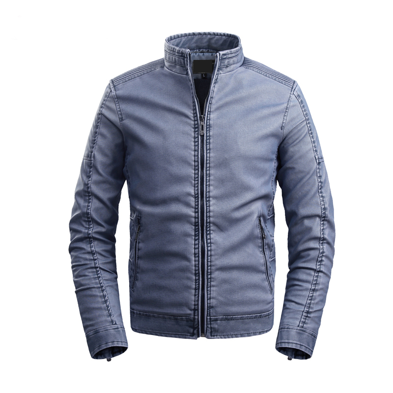 

iSurvivor2020 Men's stand collar leather jacket plus velvet PU leather coat autumn and winter simple washed, Black