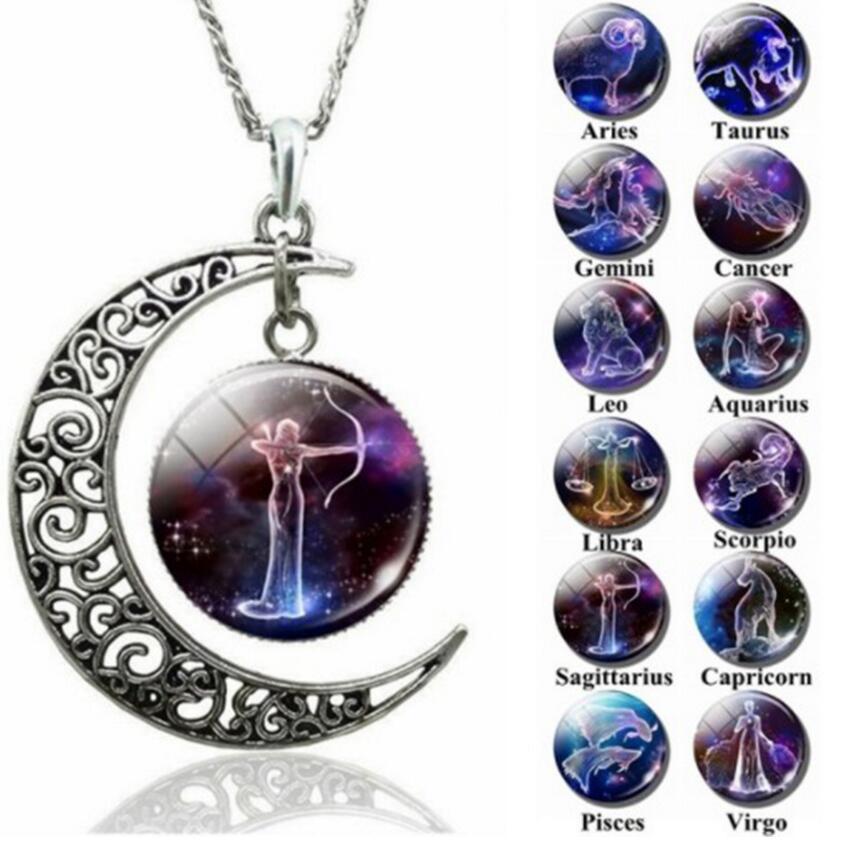 

High Quality 12 Zodiac Constellations Signs Glass Dome Crescent Moon Necklace Fashion Jewelry Women Aries Gemini Cancer Leo Birthday Gift