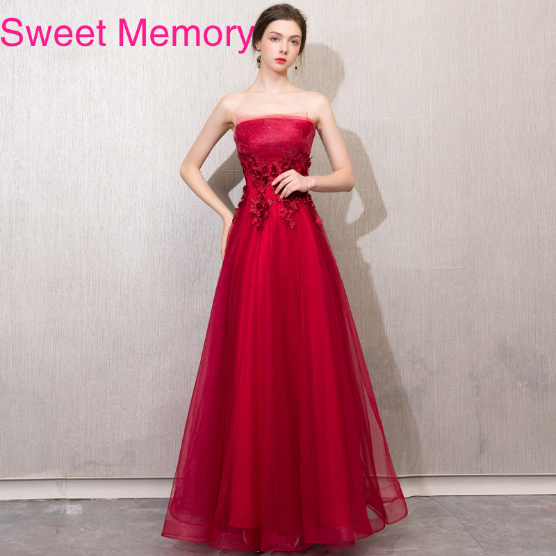 

H0158 Chorus Long Wine Red Evening Dress Strapless Floor Length Appliques Tulle Wedding Party Dresses Sweet Memory, As pic