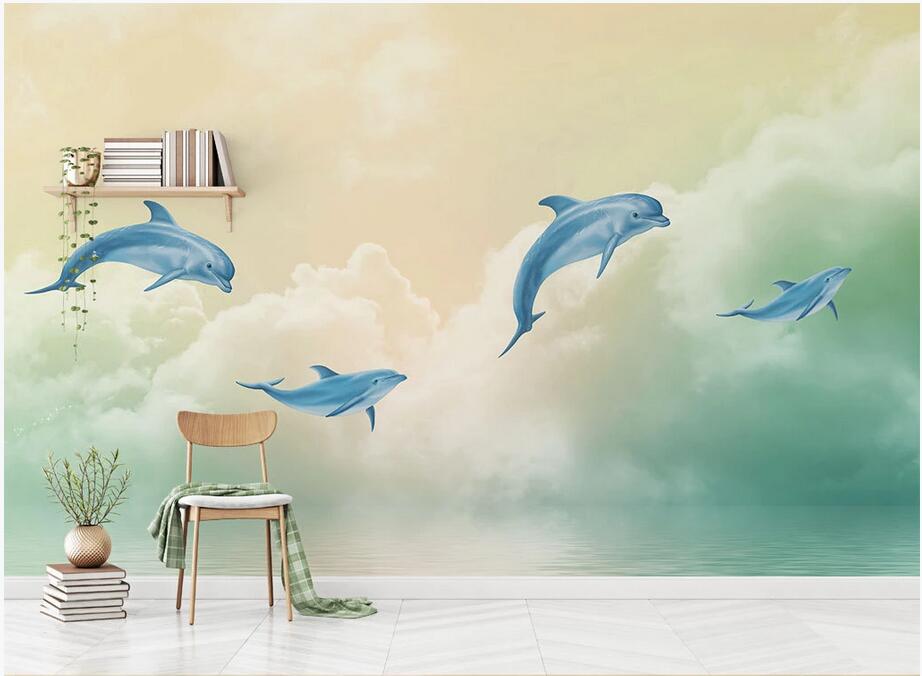 

3d photo wallpaper custom mural Simple cartoon dolphin sky reflection children bedroom background wall art 3d stickers home decoration, Non-woven wallpaper