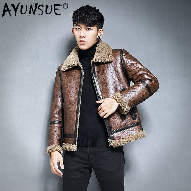 

AYUNSUE Sheepskin Coat Genuine Leather Jacket Men Winter Natural Fur Shearling Jacket Men Vintage Real Fur Coats 2212 KJ3862, Brown