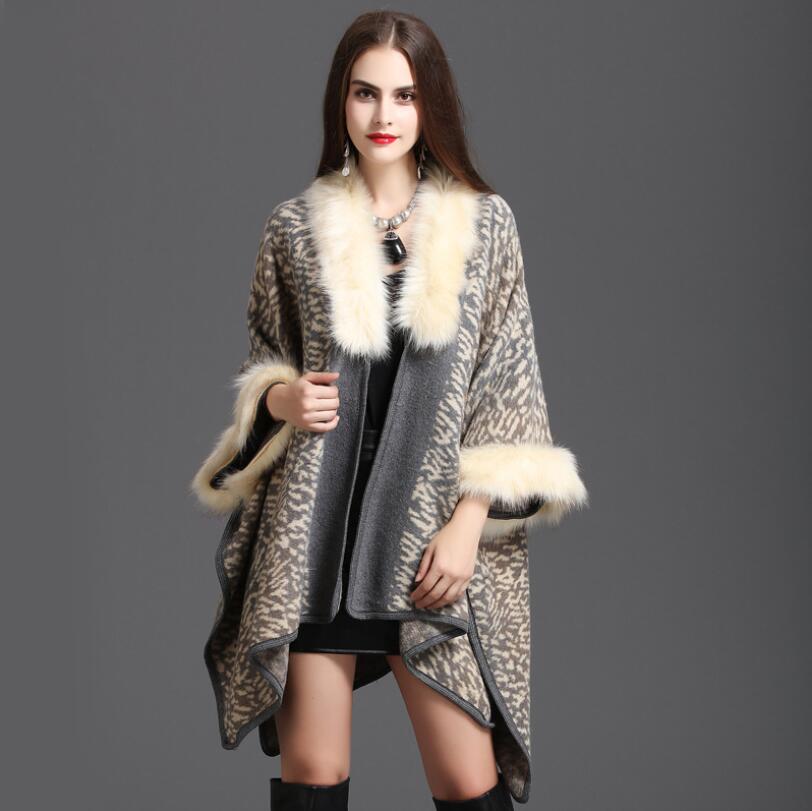 

Europe autumn winter 2019 plus size loose Faux fox fur collar print leopard knit cardigan women warm Shawl cloak coat w700, Gray