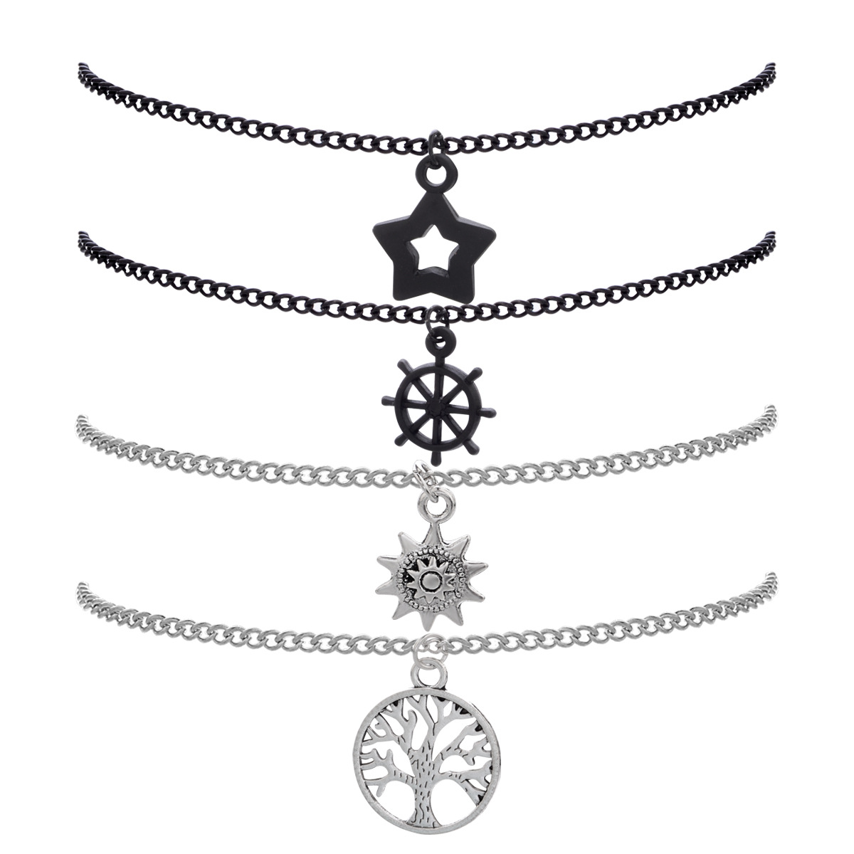 

New Trendy Mens Fashion Silver Black Plated Star Strands Life Tree Charm Bracelet 4 PCS/Set
