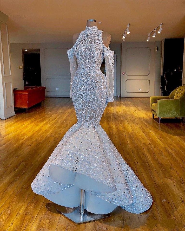 

Luxurious Mermaid Bridal Gowns Stunning 2020 African Dubai Wedding Dresses High Neck Beaded Crystals Bridal Dresses Long Sleeves Gowns, White