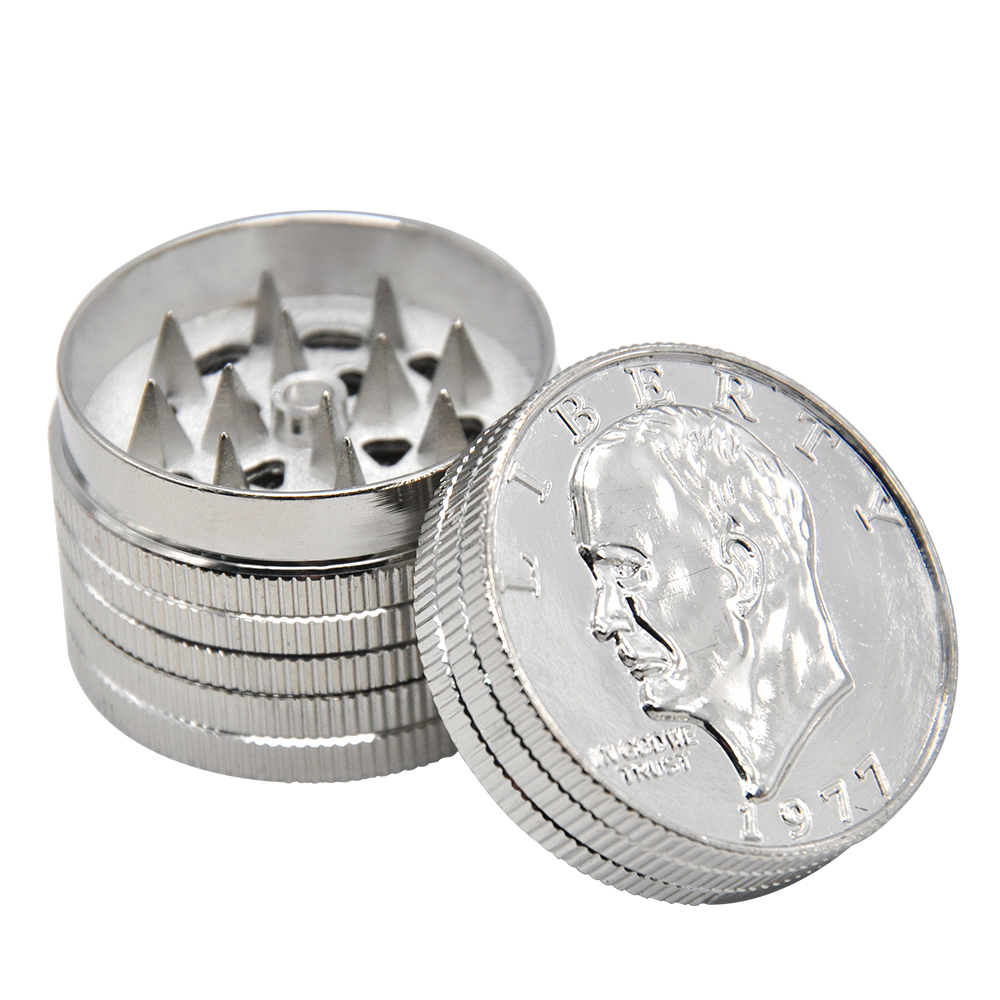 

Toppuff 42MM Silver Coin Shape Smoking Metal Tobacco Grinder 3 Layer Hand Crank Crusher Smoke Herb Grinders Magnetic Cover