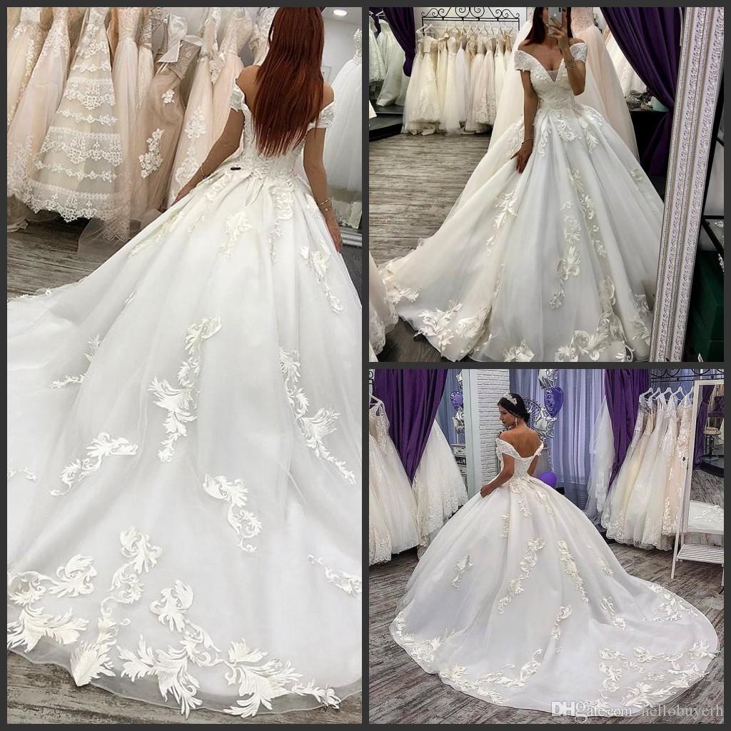 

2019 New White Organza Summer Ball Gown Wedding Dresses Long Train Lace Applique Plus Size Off Shoulder Wedding Dress Bridal gowns, Black