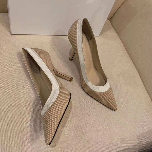 

Boxed fashion designer women's high heels 9.5cm naked leather pointed high heels knitted dress shoes size;35-40, Nude