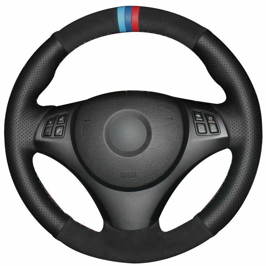 Black Leather Suede Car Steering Wheel Cover for BMW E90 320i 325i 330i 335i E87-image-545079963