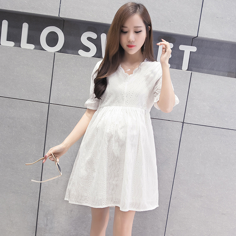 

2020 Maternity Dress For Pregnant Women Lace Embroidery Summer Dress Short Sleeve Women Dresses, White