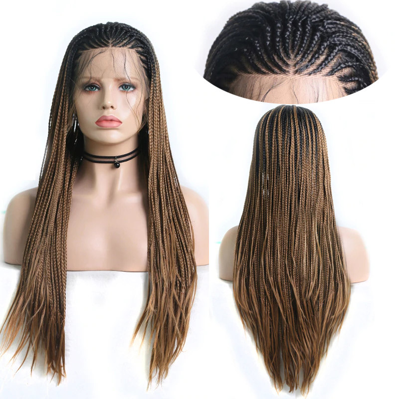 

Charisma Long Ombre Brown Micro Braiding Synthetic Lace Front Wigs For Women Heat Resistant Two Tone Braided Box Braids Wigs, As pic