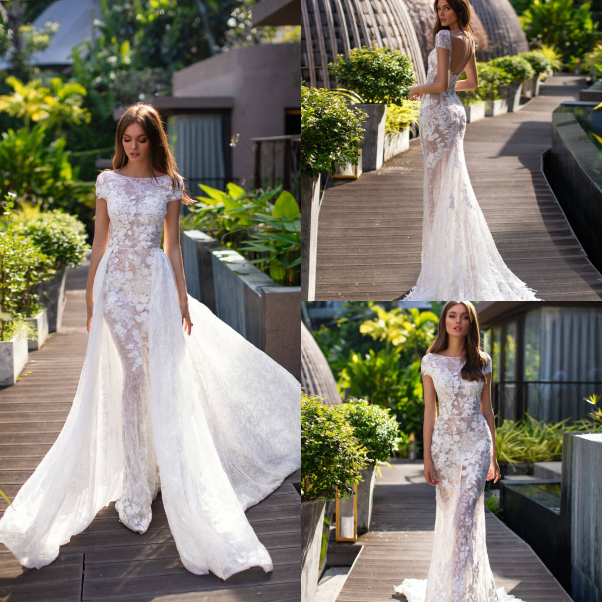 

Vintage Mermaid Wedding Dresses Lace 3D Floral Appliqued Bateau Neck Milla Nova Boho Wedding Dress Cap Sleeves Bohemian Bridal Gowns Skirts, Dark red