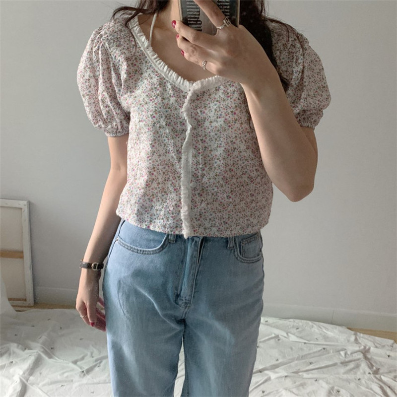 

Summer Women' Shirts Print Patchwork Casual Top V-neck Short Sleeve Light Perspective Short Blouses Cute Fashion 2020, White