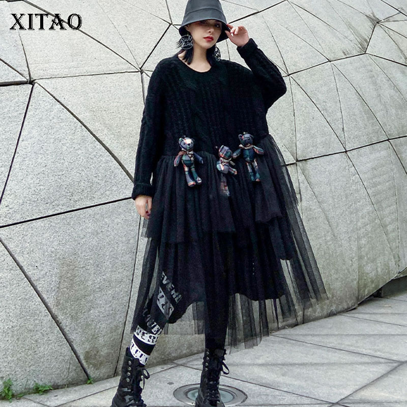 

XITAO Mesh Black Knitted Dress Women Fashion 2019 Winter Full Sleeve Irregular Patchwork Casual Minority Pullover Dress XJ2770, Black xj2770