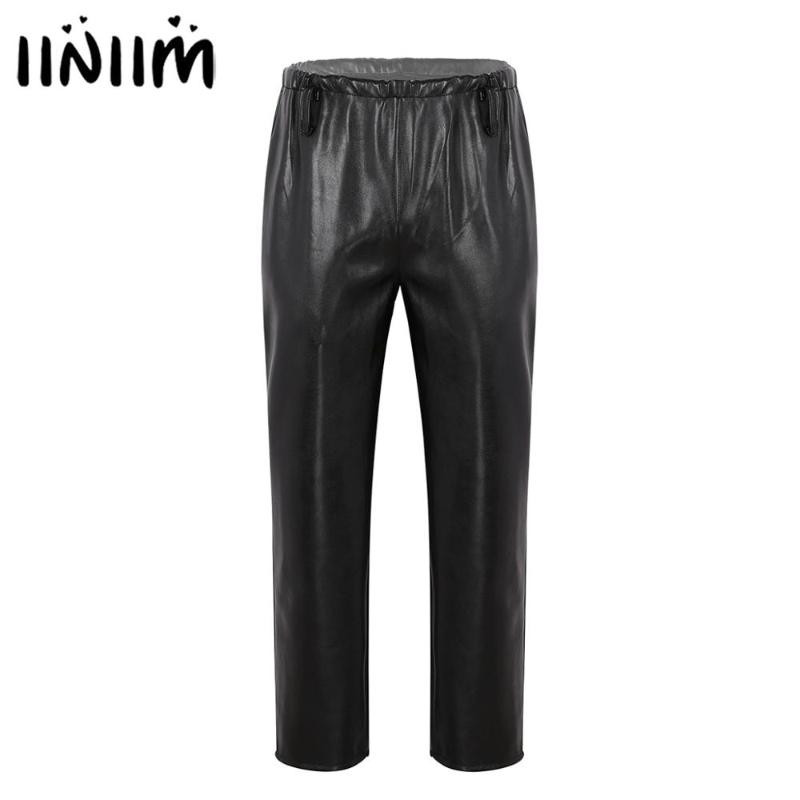 

iiniim Mens Male Waterproof PU Leather Elastic High Waist Thin Velvet Lining Straight Legs Trousers Loose Long Pants for jackets, As pic