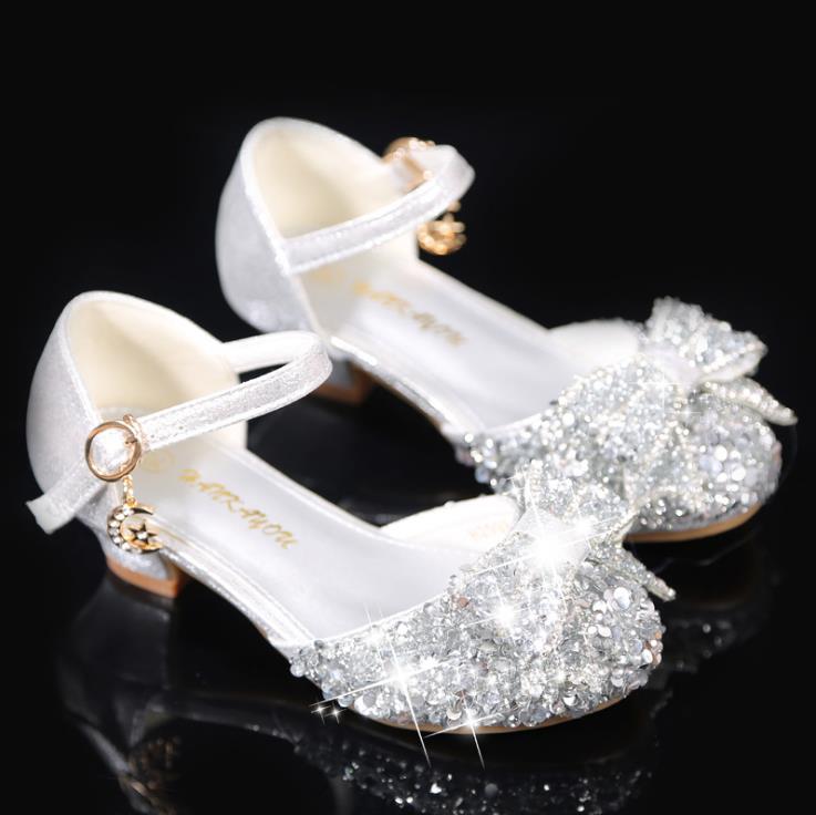 

JY Children girl Crystal Rhinestone Shoes Girls dance Shoes high-heeled Party Princess 26-38 sliver H01 GZX03