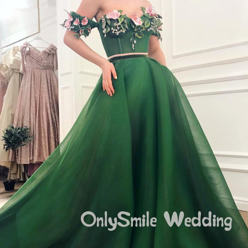 

Green Muslim Evening Dresses 2019 A-line Sweetheart Embroidery Flower Tulle Beaded Elegant Dubai Saudi Arabic Long Evening Gown, Ivory