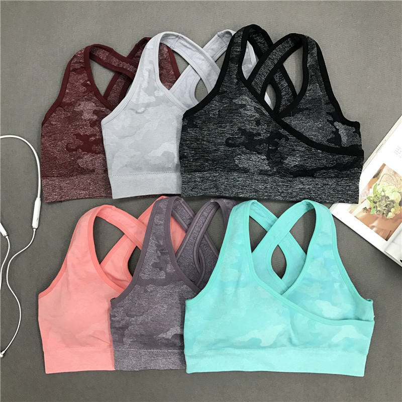 

Camouflage Quick Dry Shockproof Gather Woman Sports Yoga Bra Fitness Seamless Workout Sport Yoga Top Breathable Underwear Vest, Black