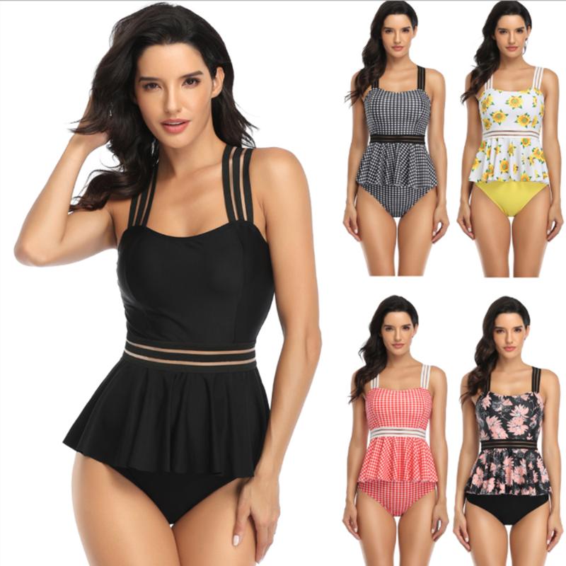 

Ribbon Skirt Printed Split Swimsuit Female Summer Conservative Slim Cover Belly Striped Bikini Fashion Beach Wading Swimsuit