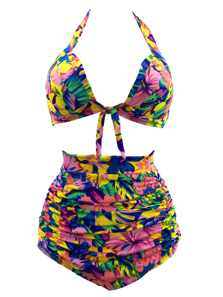 

Bucrsatn Free Shippin 2019 Women' fashion floral split swimsuit Sexy slim high waist retro bikini swimwear, Multi