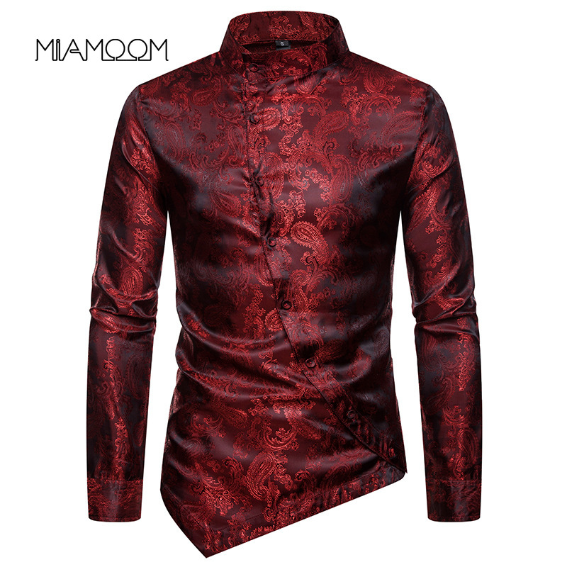 

MIAMOOM Personality Diagonal Button Cashew Flower Irregular Multicolor Henry Collar High - End Long - Sleeve Shirt, Black
