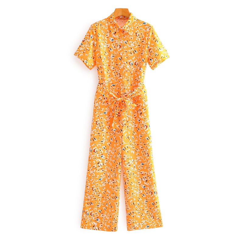 

2020 new summer leopard print lace-up shirt collar short sleeve slim slimming jumpsuit, Multi